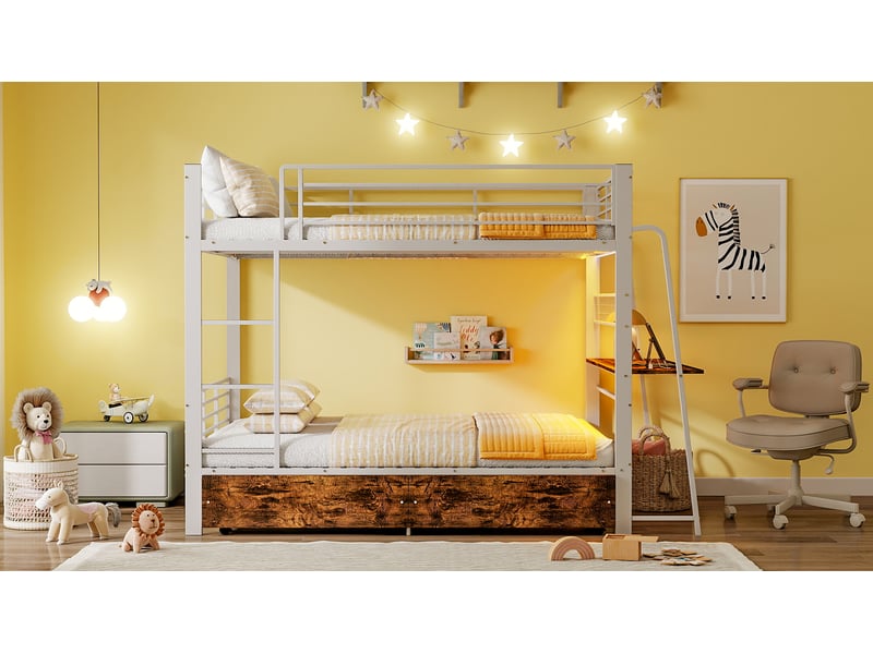  Lit superposé 140 × 200 cm, avec échelle, bureau, 2 tiroirs, led musicale, prise usb-c, métal blanc mat et effet noyer  - Conforama B