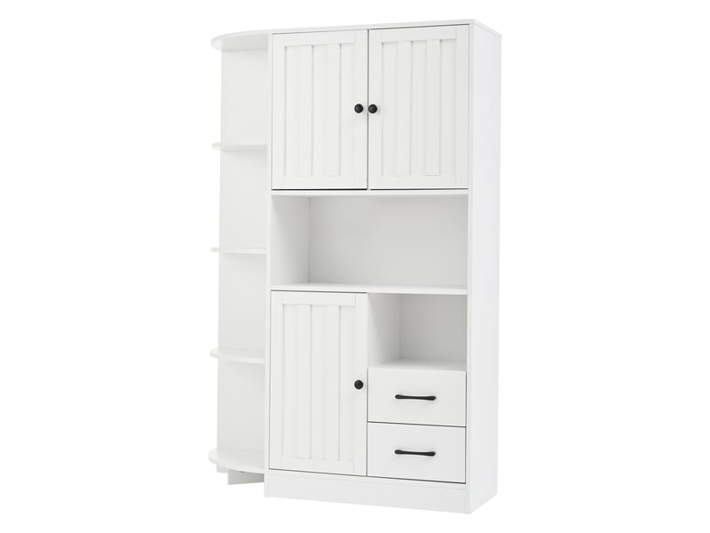 Meuble d'angle blanc en panneaux de particules, rangement 14 compartiments, 3 placards et 2 tiroirs pour salon, 104 x 35 x 155 cm - Conforama E