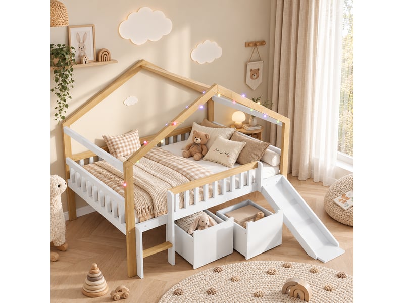  Lit mezzanine enfant 120x200 cm cabane en bois avec toboggan réversible, barrière de sécurité, 2 tiroirs et guirlande lumineuse - naturel  - Conforama B