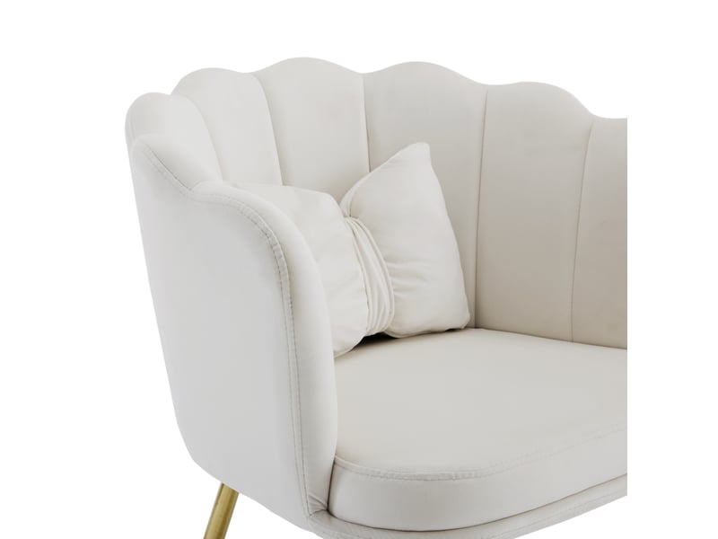  Fauteuil de salon design 63x58x77 cm, dossier pétale, coussin papillon, pieds dorés, velours beige  - Conforama E