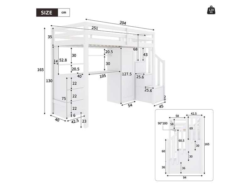  Lit superposé avec bureau et armoire 90x200 cm - bois massif blanc rangement intégré  - Conforama C