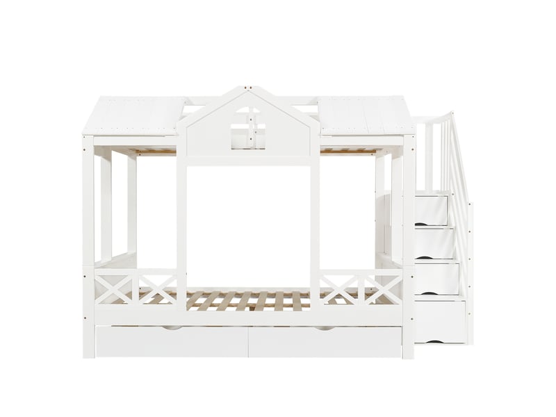  Lit superposé enfant 90x200+140x200 cm, lit avec rangement et 2 tiroirs, couchage familial, bois, blanc, sans matelas  - Conforama E
