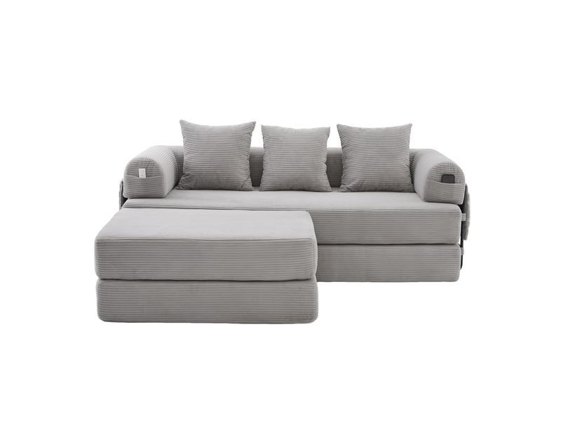  Canapé d'angle convertible modulable en velours côtelé gris clair avec pouf et 3 coussins inclus  - Conforama A