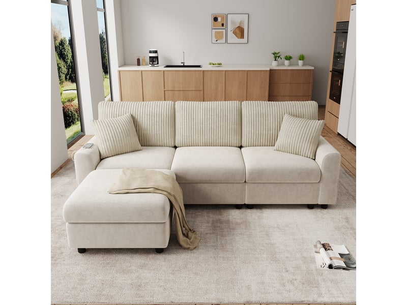 Canapé beige avec pouf, 2 coussins carrés et ports usb-c, canapé en chenille et velours côtelé de 223 cm pour salon - Conforama C