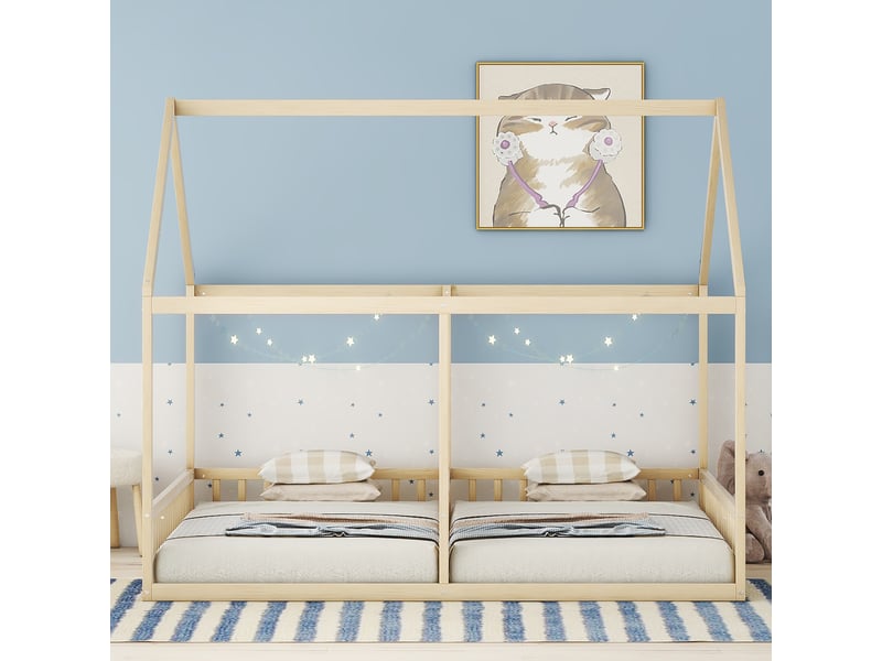  Lit enfant 2 en 1 90 x 200 cm, modèle maison, deux lits simples, naturel, cadre en pin pour chambre  - Conforama E