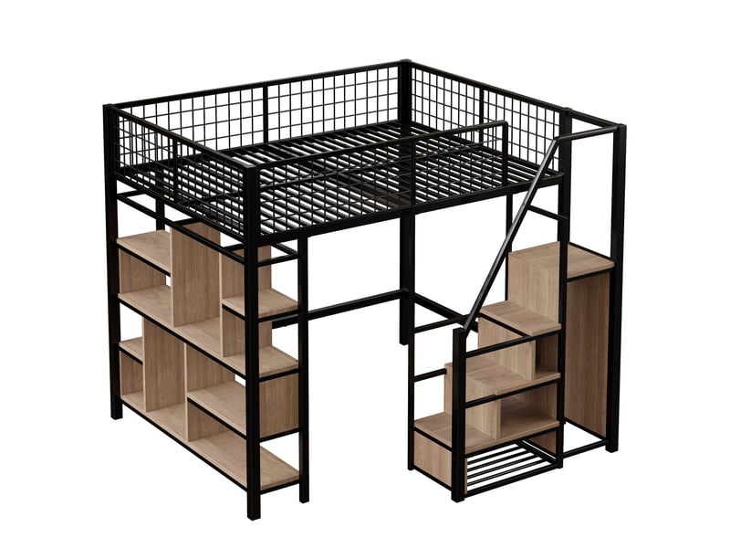 Lit mezzanine 140x200 cm – noir – mezzanine avec escalier de rangement, étagères et espace bureau - sans matelas - Conforama E