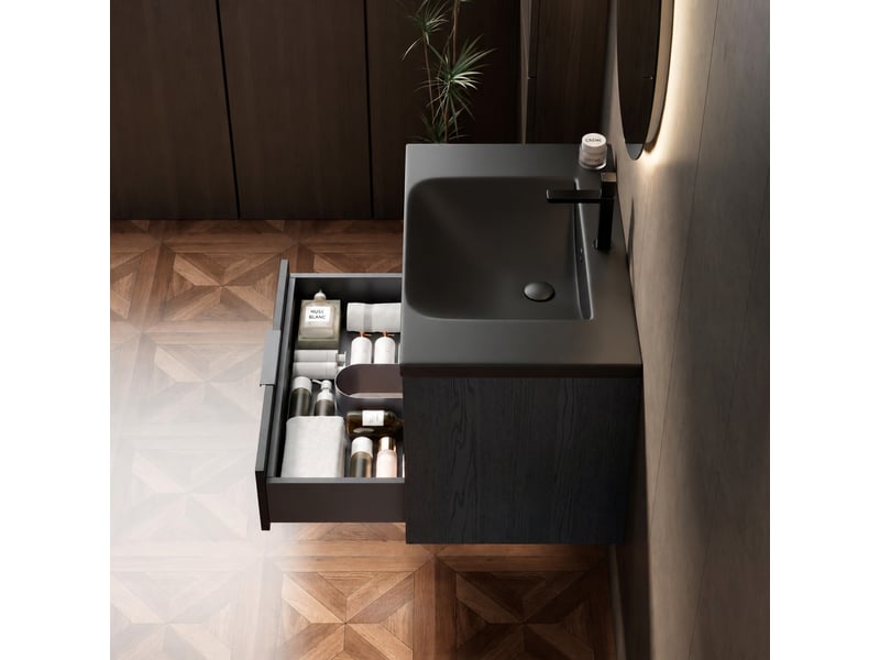  Meuble vasque suspendu 75 cm avec vasque intégrée en céramique noire mate, tiroir et étagère  - Conforama E