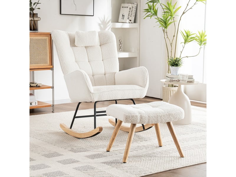  Fauteuil à bascule relax - 67x48x92 cm - avec repose-pieds et coussin en tissu bouclé pieds bois - blanc  - Conforama B