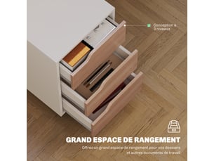 Caisson bureau mobile, meuble rangement bureau sur roulettes, 3 tiroirs, blanc et chêne, 40x50x57,5cm