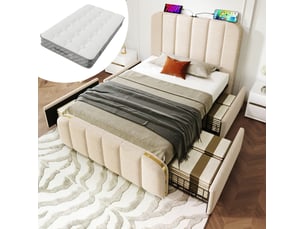 Lit avec rangement 90x200 cm <strong>OKWISH</strong>  <strong></strong> coloris beige