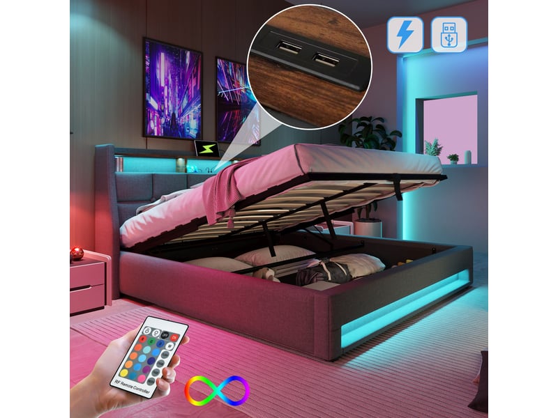  Lit coffre 140x200 cm, rangement hydraulique, éclairage led, usb, sommier à lattes, style vintage, gain de place pour chambre - gris  - Conforama D
