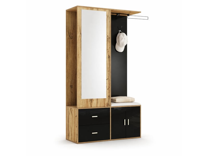  Meuble d'entrée avec miroir, banc, tiroir, 2 crochets, tringle coulissante et rangement chaussures, 100×38×180 cm  - Conforama A