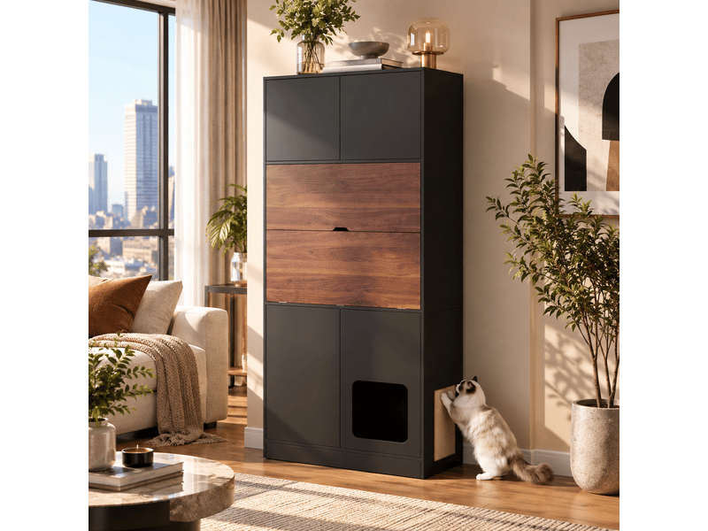  Secrétaire 80x40x180cm avec bureau rabattable, rangements pour dossiers, éclairage LED, niche pour animal et griffoir, finition noir antique  - Conforama B
