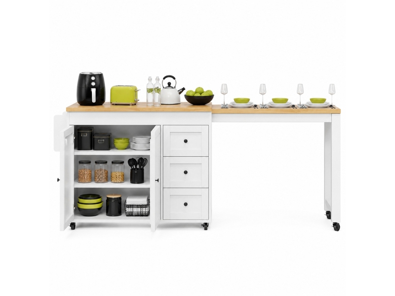  Desserte de cuisine extensible avec 3 tiroirs, placard, étagères latérales et roulettes freinées, 116–179,5×45×89 cm  - Conforama A
