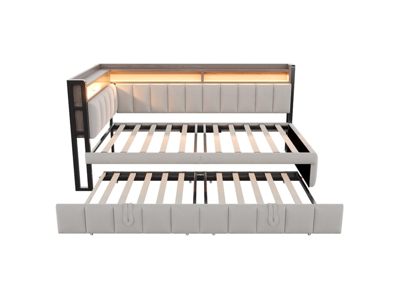  Lit banquette rembourré extensible 90x200 cm gris clair en velours avec led, rangements et usbtype-c Fay Lum - Conforama D