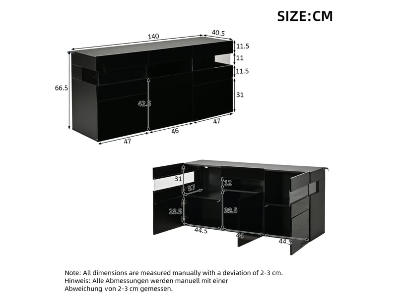  Buffet de salon noir 140 x 40,5 x 66,5 cm avec éclairage led contrôlé par application mobile, 3 portes, 7 rangements  - Conforama C