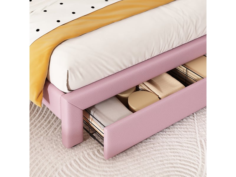  Lit enfant 140x200cm, tête couronnearc-en-ciel réglable 2 positions, tiroir pied, pu facile, charge 220kg, rose  - Conforama E