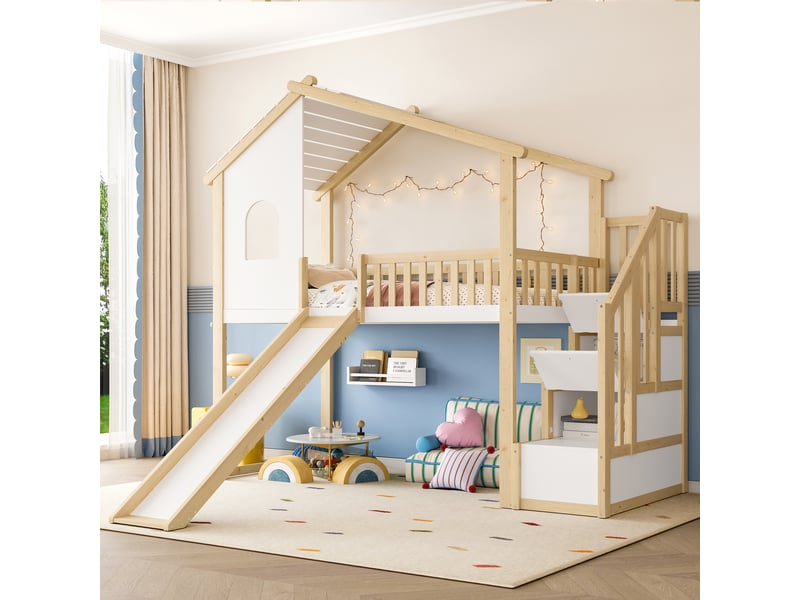  Lit mezzanine enfant, lit cabane 90x200 cm avec toboggan, escalier de rangement, fenêtre, barrières de sécurité, bois massif, blanc et naturel  - Conforama B