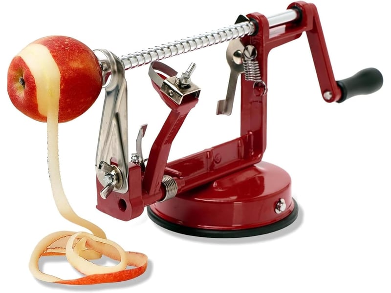  Éplucheur à pommes en métal, dimensions 25,5 x 14 x 11 cm, avec ventouse, manche fixe, idéal pour une utilisation facile et efficace en cuisine, rouge  - Conforama B