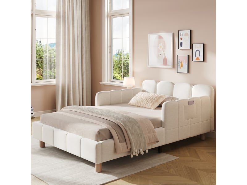  Lit enfant simple 90×200 cm, barrière et tête de lit rembourrée - okmyhome- velours beige, sans matelas  - Conforama B