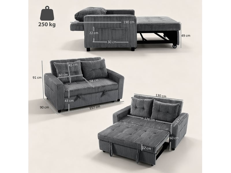  Canapé-lit 2 places modenvie convertible en méridienne et lit d'appoint, velours côtelé en polyester, 157 x 90 x 91 cm, gris foncé  - Conforama C