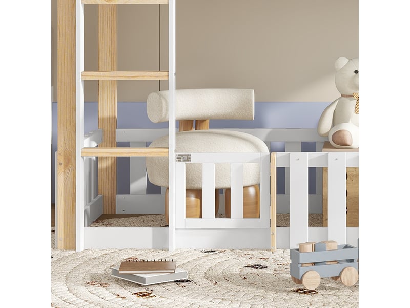  Lit superposé enfant avec toboggan, toit décoratif, espace clos et échelle, 90x200cm, blanc et naturel  - Conforama D