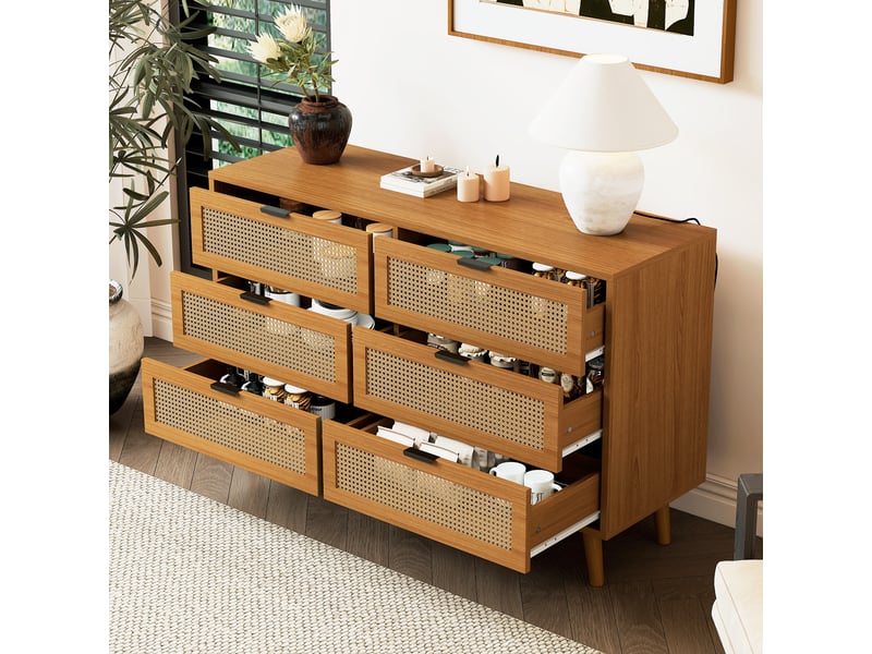  Commode à 6 tiroirs avec poignées en métal, pieds en bois, style rétro pour chambre et salon, noyer, 120×40×76,5 cm  - Conforama B