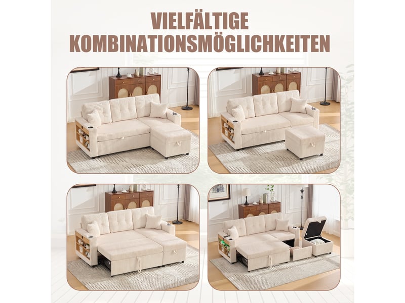  Canapé d'angle réversible convertible 3 places tissu led beige  - Conforama D