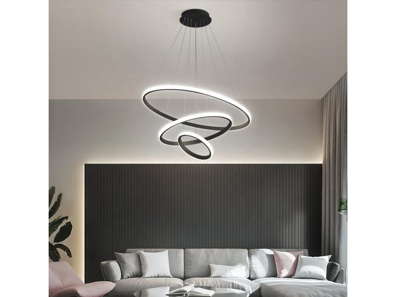  Suspension led noire à 3 anneaux dimmables pour table à manger (54 w) | luminaire suspendu réglable en hauteur avec télécommande  - Conforama B