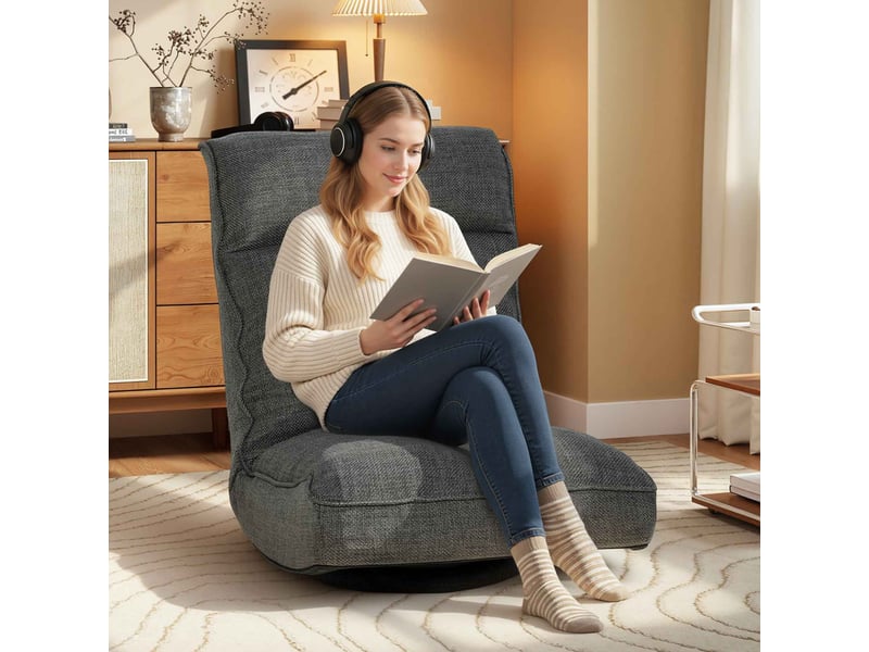  Fauteuil de sol pliable pivotant à 360°, chaise rembourré avec dossier réglable, 58x107x79cm, gris  - Conforama C