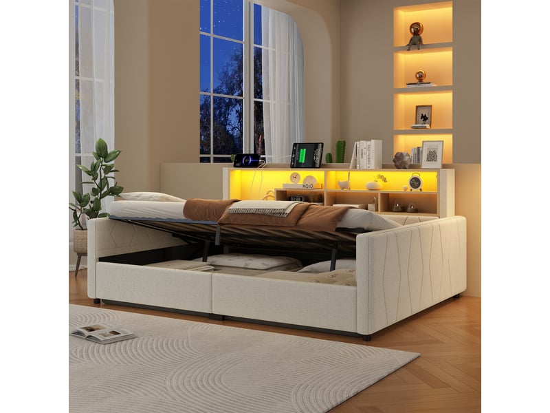  Lit banquette coffre 140 x 200 cm, rangement hydraulique, prise intégrée, port usb et éclairage led, tissu effet lin beige evarich - Conforama B