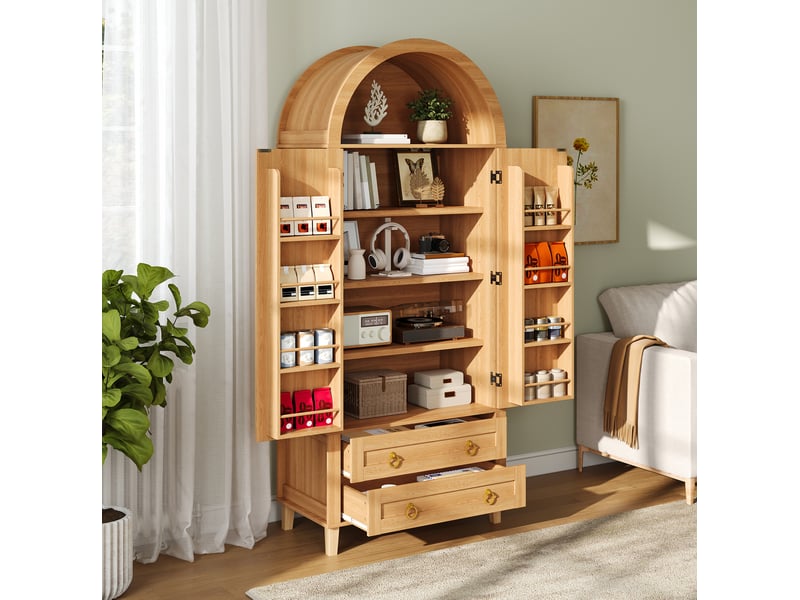  Armoire haute 76x40x179,5 cm effet bois naturel, led, 2 portes et 2 tiroirs  - Conforama E