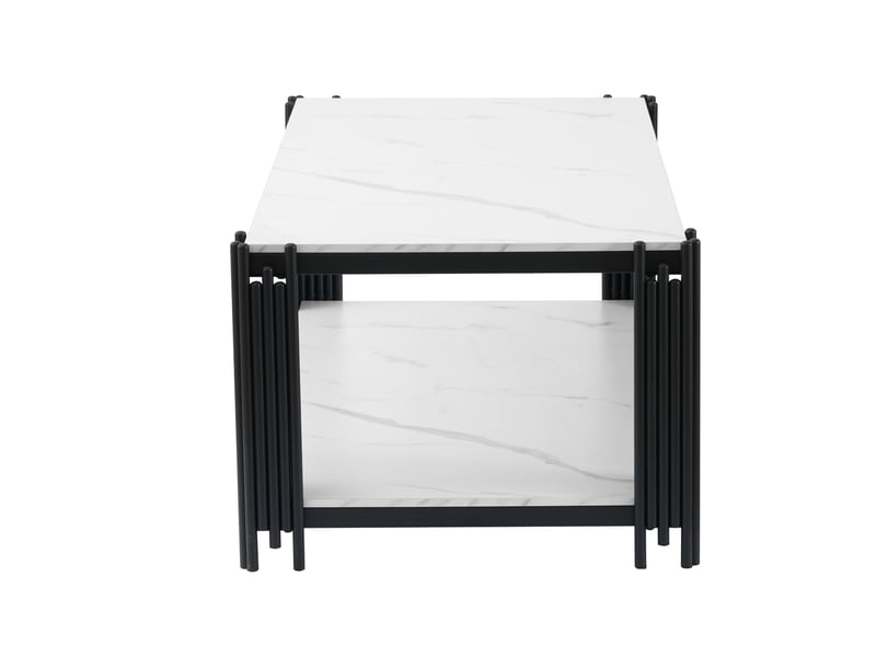  Table basse avec 2 étagères et plateau imitation marbre, en mdf et métal, blanc et noir, 114 × 64 × 46 cm  - Conforama E