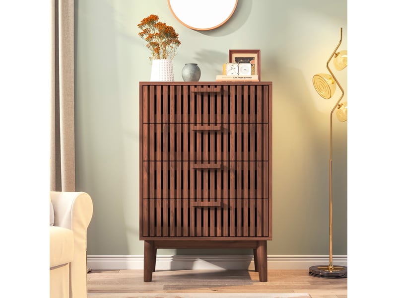  Commode 4 tiroirs – armoire latérales –  marron foncé –  grille verticale - pieds fuselés – style nordiquejaponais  - Conforama E