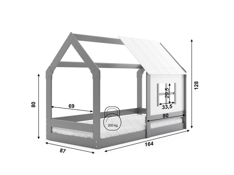  Lit cabane enfant montessori en bois massif gris anthracite avec toit et fenêtre, 80x160 cm – sommier à lattes inclus  - Conforama C