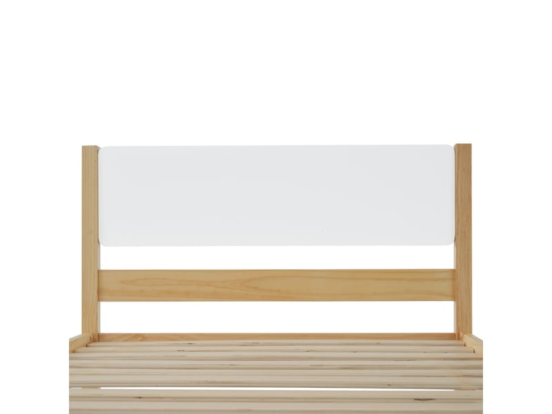 Lit simple 90x200 cm avec sommier et pied central robuste, pin et mdf, blanc et couleur naturelle, sans matelas  - Conforama D