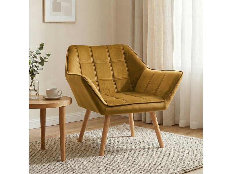 Fauteuil rembourré effet velours pieds bois d'hévéa jaune 67 x 61,5 x 71 cm  - Conforama A
