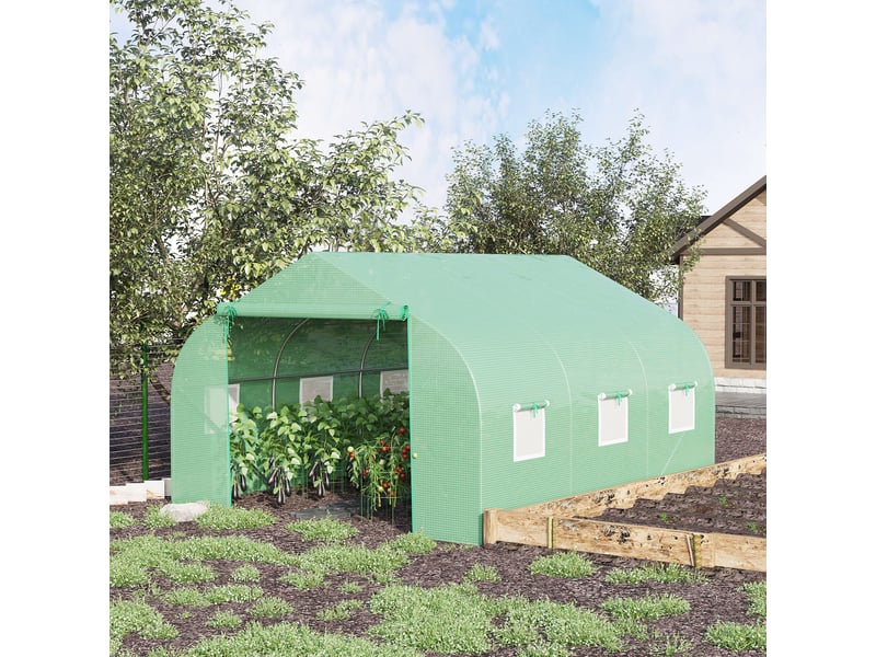  Serre tunnel de jardin 10,5 m² dim. 3,5l x 3l x 2h m porte + 6 fenêtres enroulables acier galvanisé bâche pe haute densité vert  - Conforama D