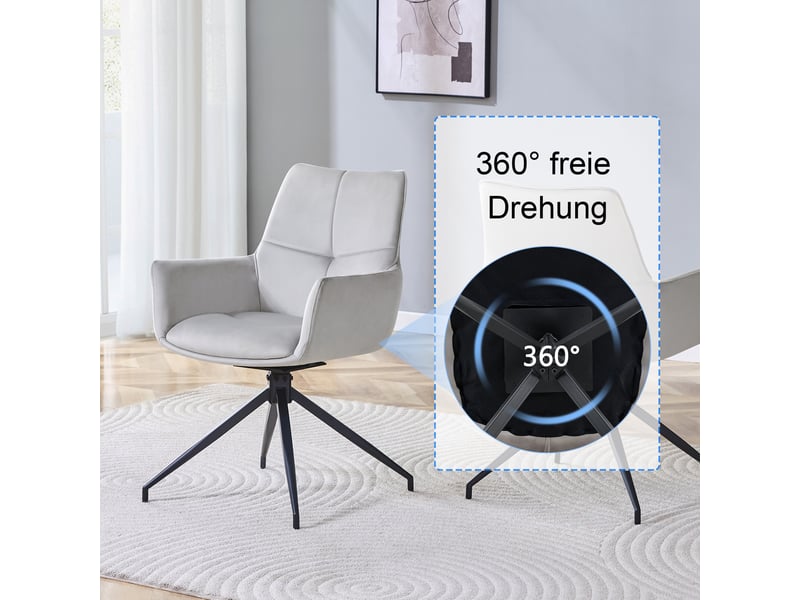  Lot de 2 chaises de salle à manger pivotantes 360°,tissu et métal noir,gris clair  - Conforama E