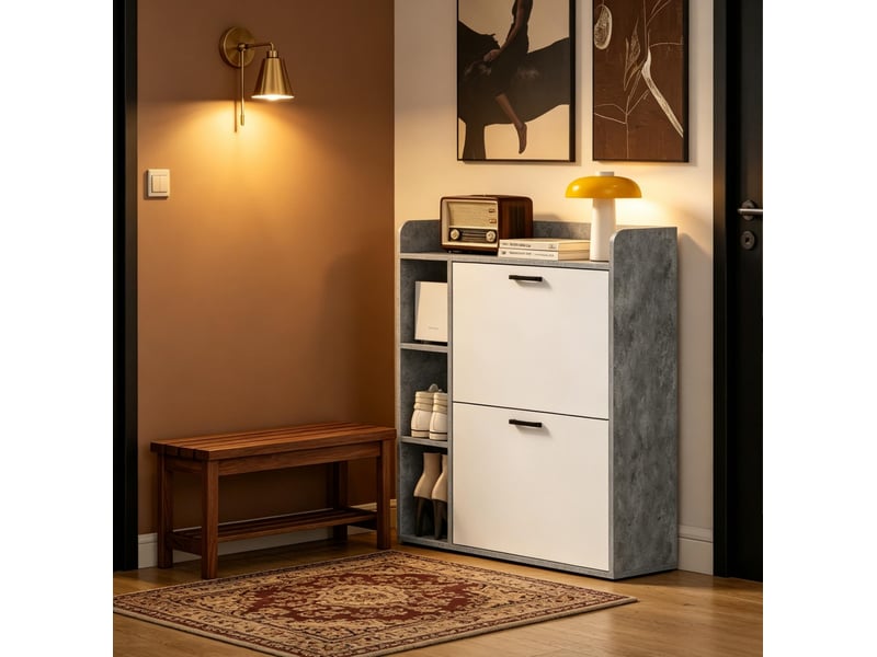  Meuble à chaussures 83 x 24 x 90,5 cm – gris et blanc – 2 compartiments basculants, rangement 15 paires  - Conforama B