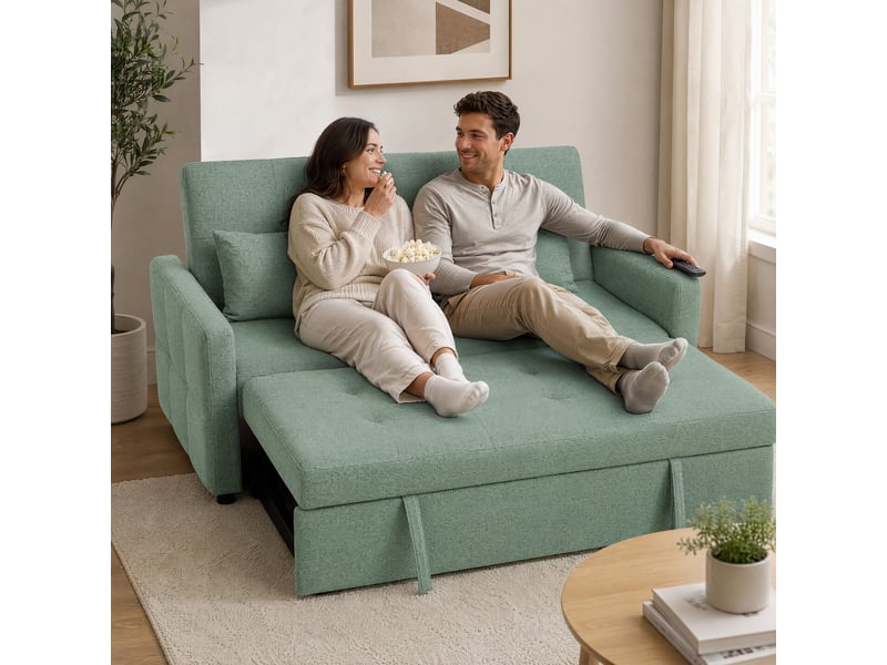  Canapé convertible 2 places 3 en 1, canapé-lit clic clac 160 cm, dossier réglable, assise large, 2 oreillers, vert  - Conforama E