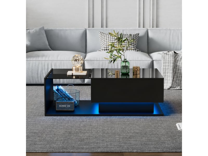 Table basse noire brillante avec éclairage led, plateau en verre, tiroir, 100 x 50 x 32 cm, noir - Conforama C