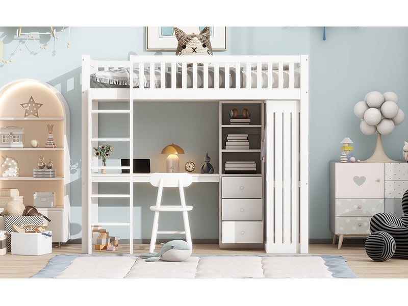 Lit mezzanine enfant 200×90 cm avec bureau, armoire, 3 tiroirs et escalier, sans matelas, en pin et mdf blanc - Conforama C