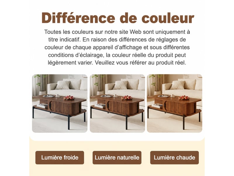  Table basse moderne effet noyer avec rangement et portes coulissantes rainurées, 100 x 45 x 43 cm  - Conforama D