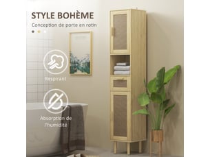 Meuble salle de bain colonne rangement salle de bain avec portes en rotin tiroir 2 placards chêne 32 x 30 x 170 cm