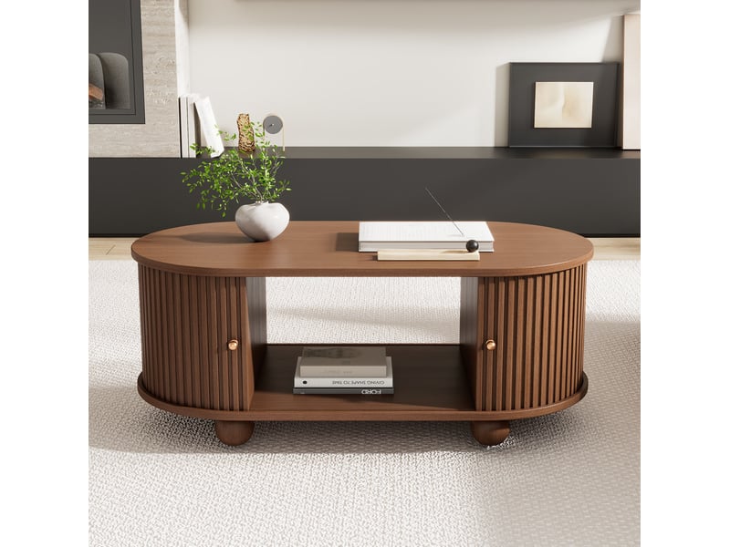  Table basse ovale 100 x 50 x 40 cm rangement portes coulissantes 360° gain de place cap. 30 kg mdf finition noyer  - Conforama B