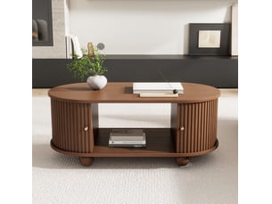 Table basse ovale 100 x 50 x 40 cm rangement portes coulissantes 360° gain de place cap. 30 kg mdf finition noyer