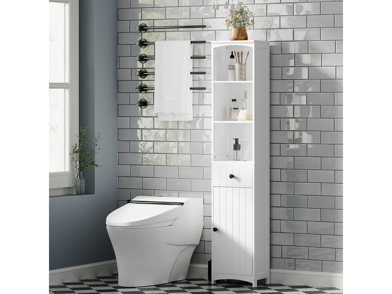  Meuble de salle de bain avec 3 étagères, 1 tiroir, robuste, mdf, blanc  - Conforama D