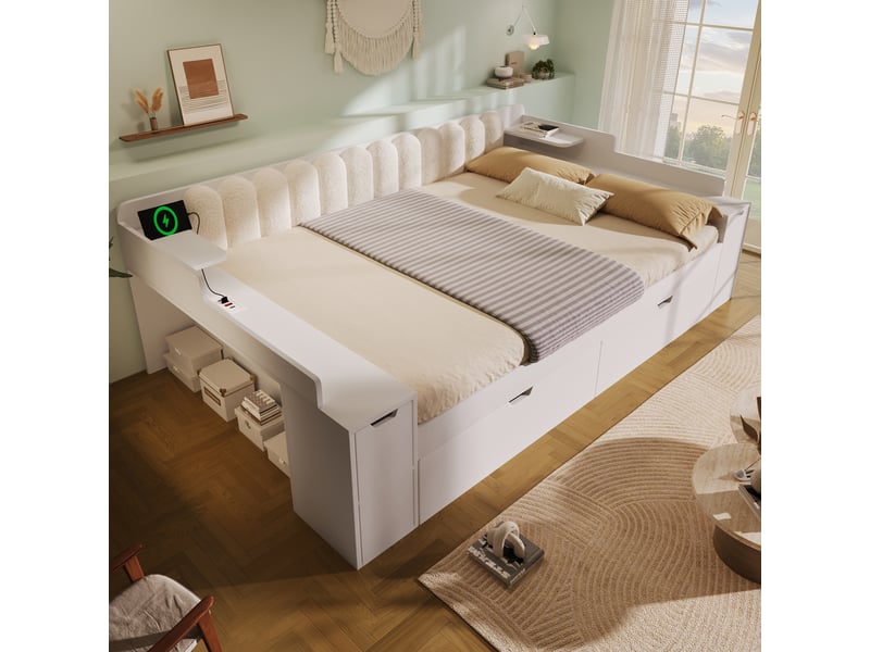 Lit avec rangement 140 x 200 cm, 2 tiroirs, sommier à lattes inclus et chargeurs usb, blanc - Conforama W