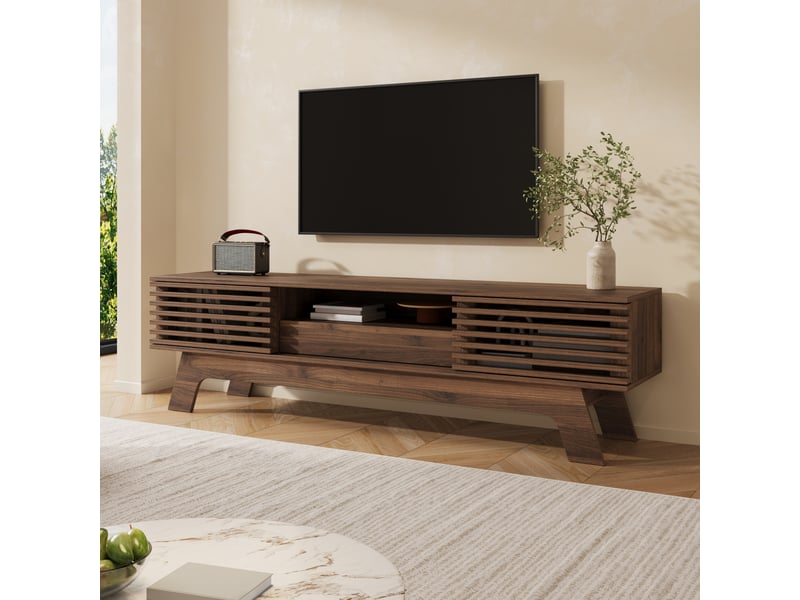  Meuble tv bas 150 cm, finition noyer, avec façades rainurées  - Conforama D